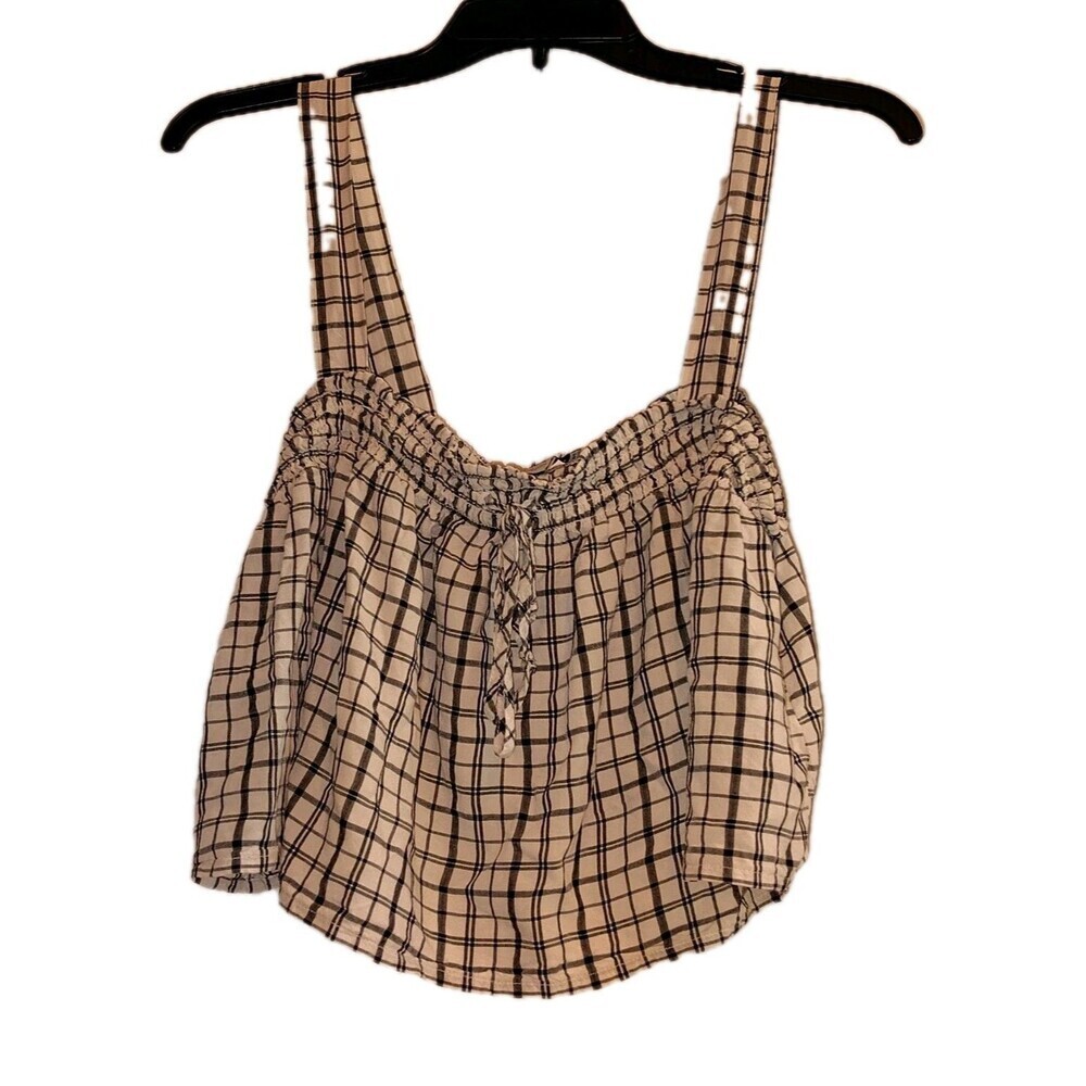 American Eagle Womens Plaid Smocked Crop Tank Top S Peach Ruffle Cottagecore Y2K